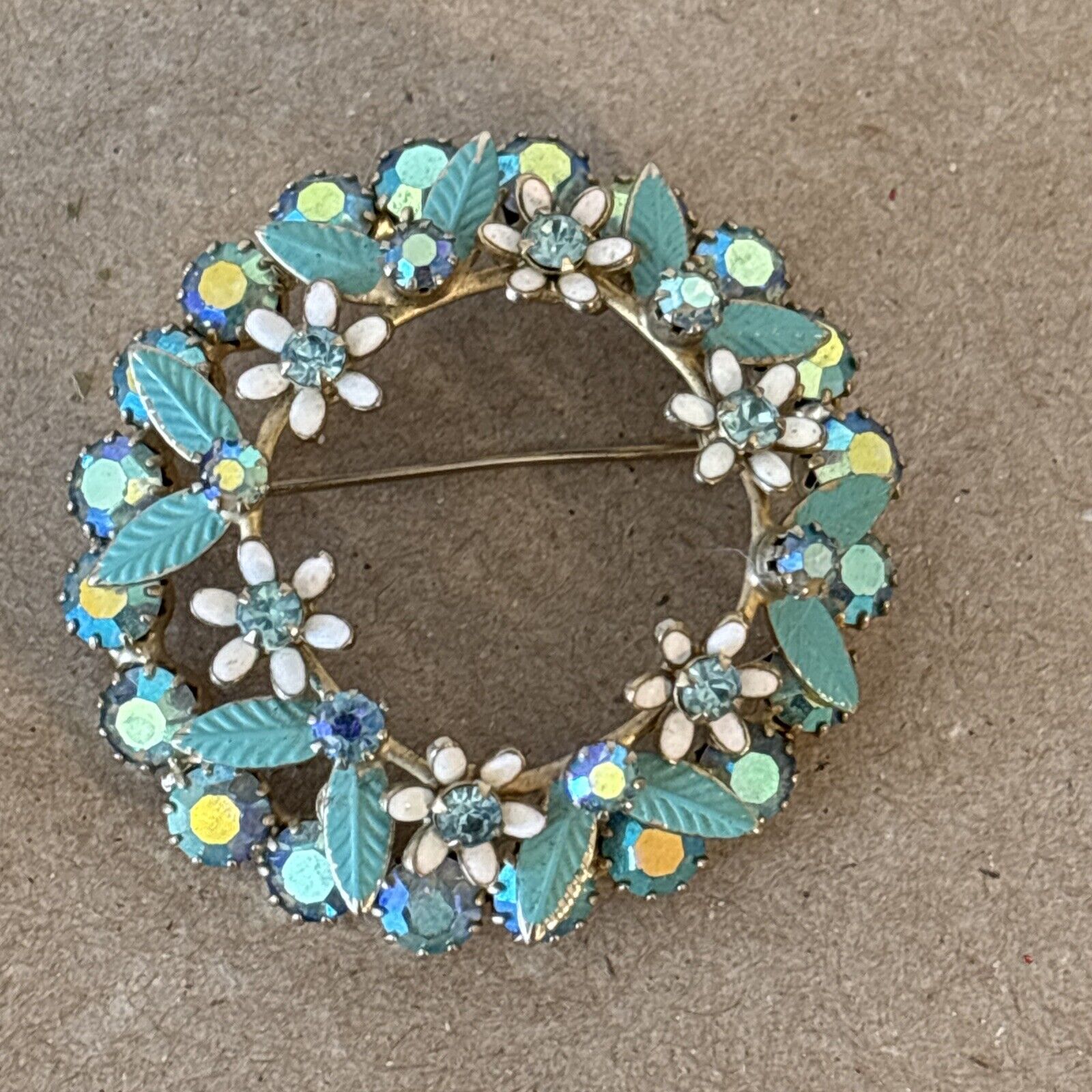 Vintage Austria Pin Brooch Sparkling Aqua Rhinestone Enamel Flowers Daisies 2